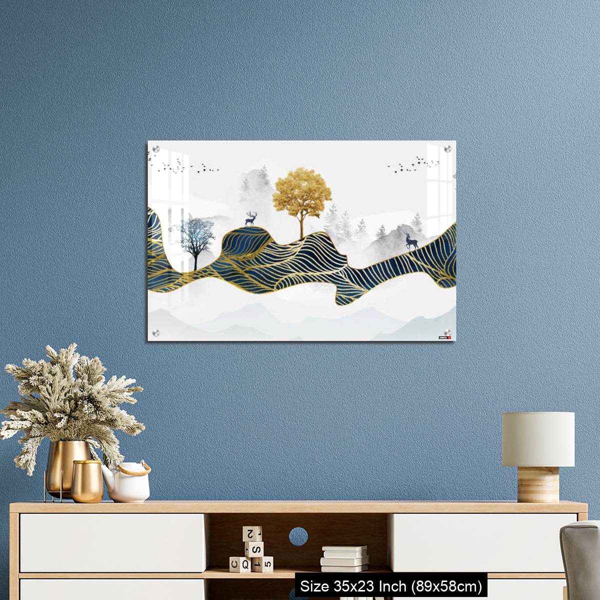 OMGs Acrylic Wall Decor – Deer, Christmas trees, mountains, clouds, and golden blue waves. 3d modern canvas art mural - Image 10