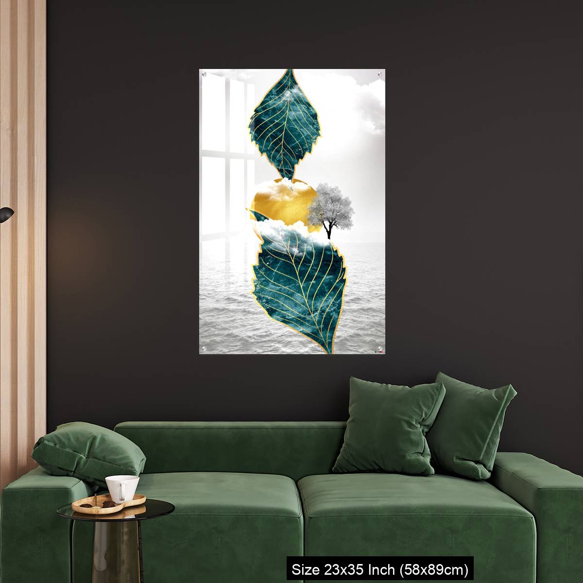 OMGs Acrylic Wall Decor – Light gray background golden sun and clouds, tree leaf and water - Image 11