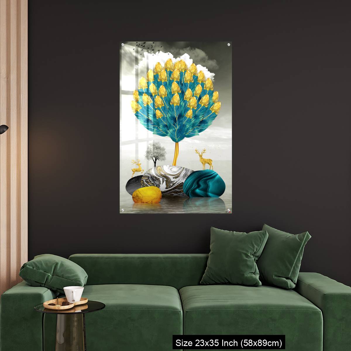 OMGs Acrylic Wall Decor – Ginko biloba leaves golden tree, deer, gray mountain, stone sun, and clouds - Image 11