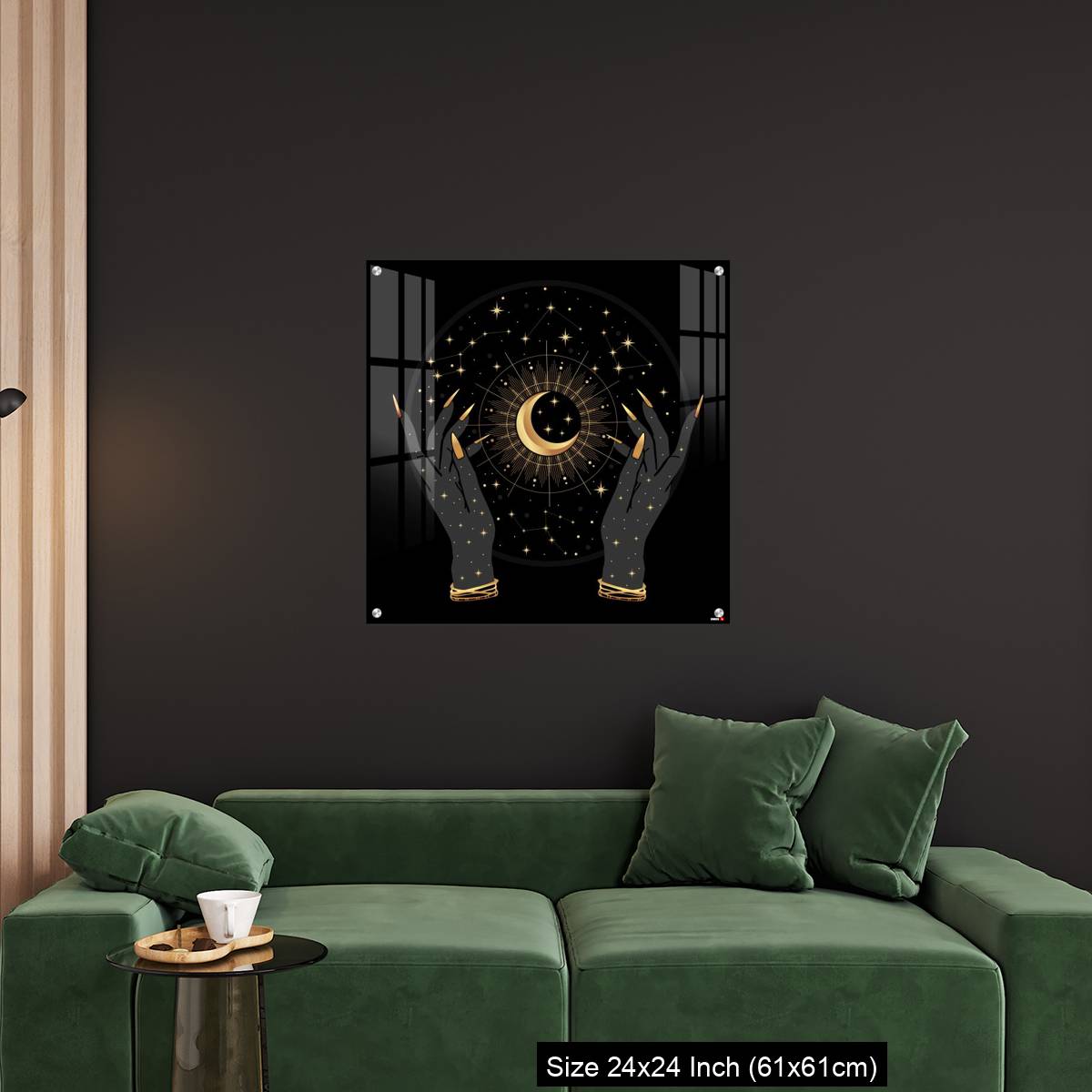 OMGs Acrylic Wall Decor – Black and gold boho crescent and elegant female hands. - Image 11