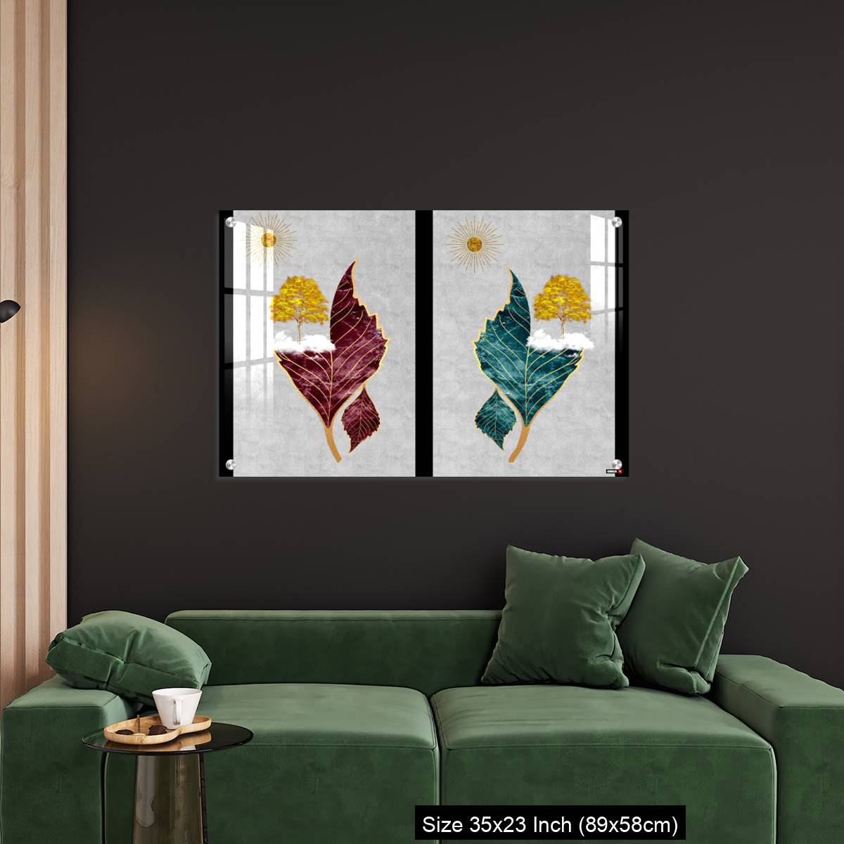 OMGs Acrylic Wall Decor – Chinese landscape gray background golden sun tree leaf and white clouds. - Image 11