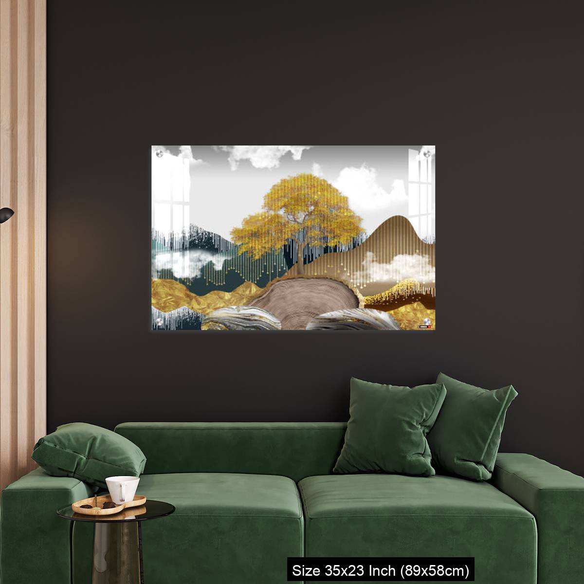 OMGs Acrylic Wall Decor – Gray background with golden trees, deer, mountains, and white clouds. golden, black, turquoise stone in water. - Image 11