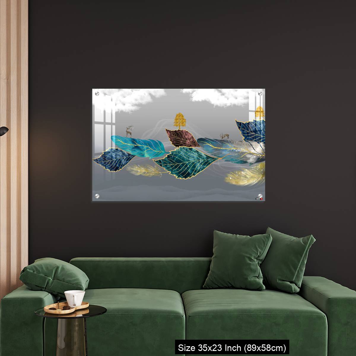 OMGs Acrylic Wall Decor – Blue, turquoise, and red leaves, white clouds and feathers in gray background - Image 11