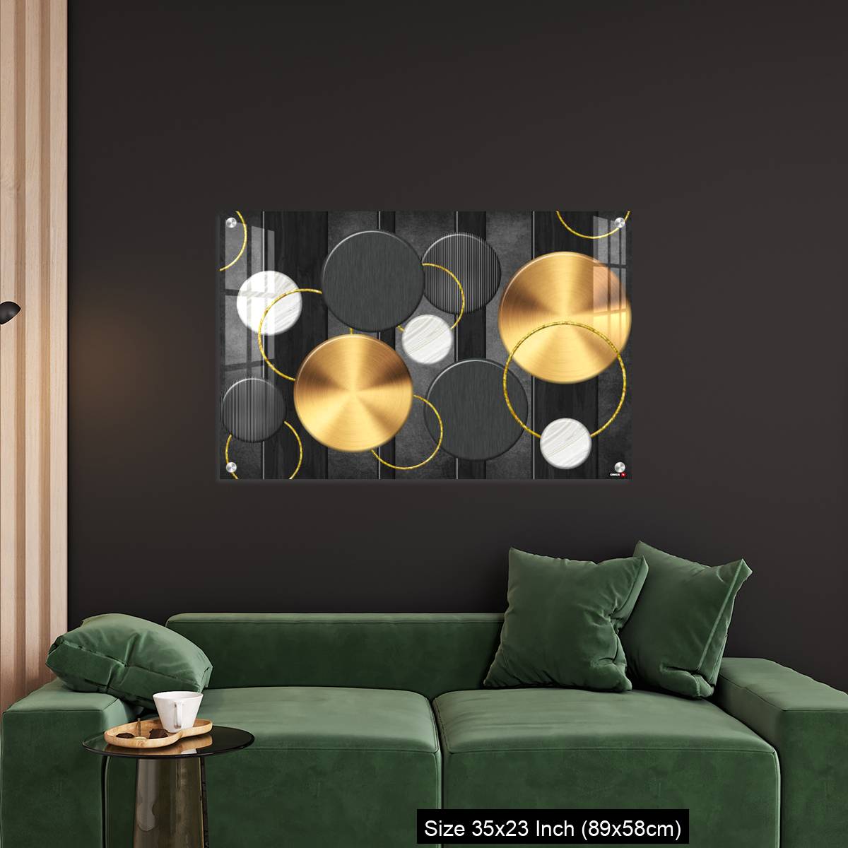 OMGs Acrylic Wall Decor – White and golden circles in dark gray  background decorative wall art. - Image 11