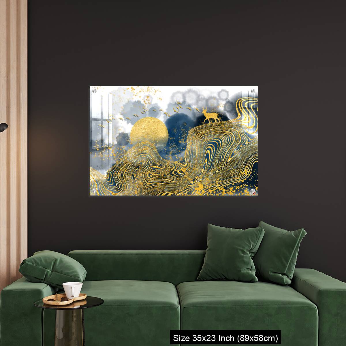 OMGs Acrylic Wall Decor – Golden deer, black christmas tree , mountain , moon with white birds - Image 11