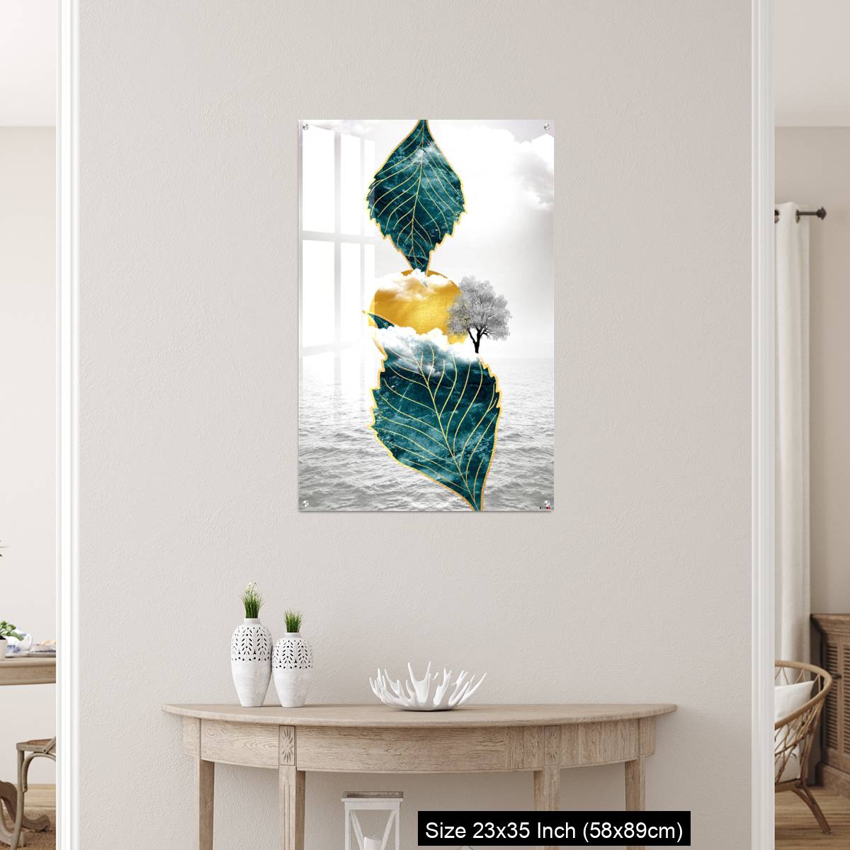 OMGs Acrylic Wall Decor – Light gray background golden sun and clouds, tree leaf and water - Image 12