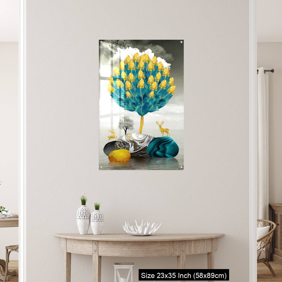 OMGs Acrylic Wall Decor – Ginko biloba leaves golden tree, deer, gray mountain, stone sun, and clouds - Image 12