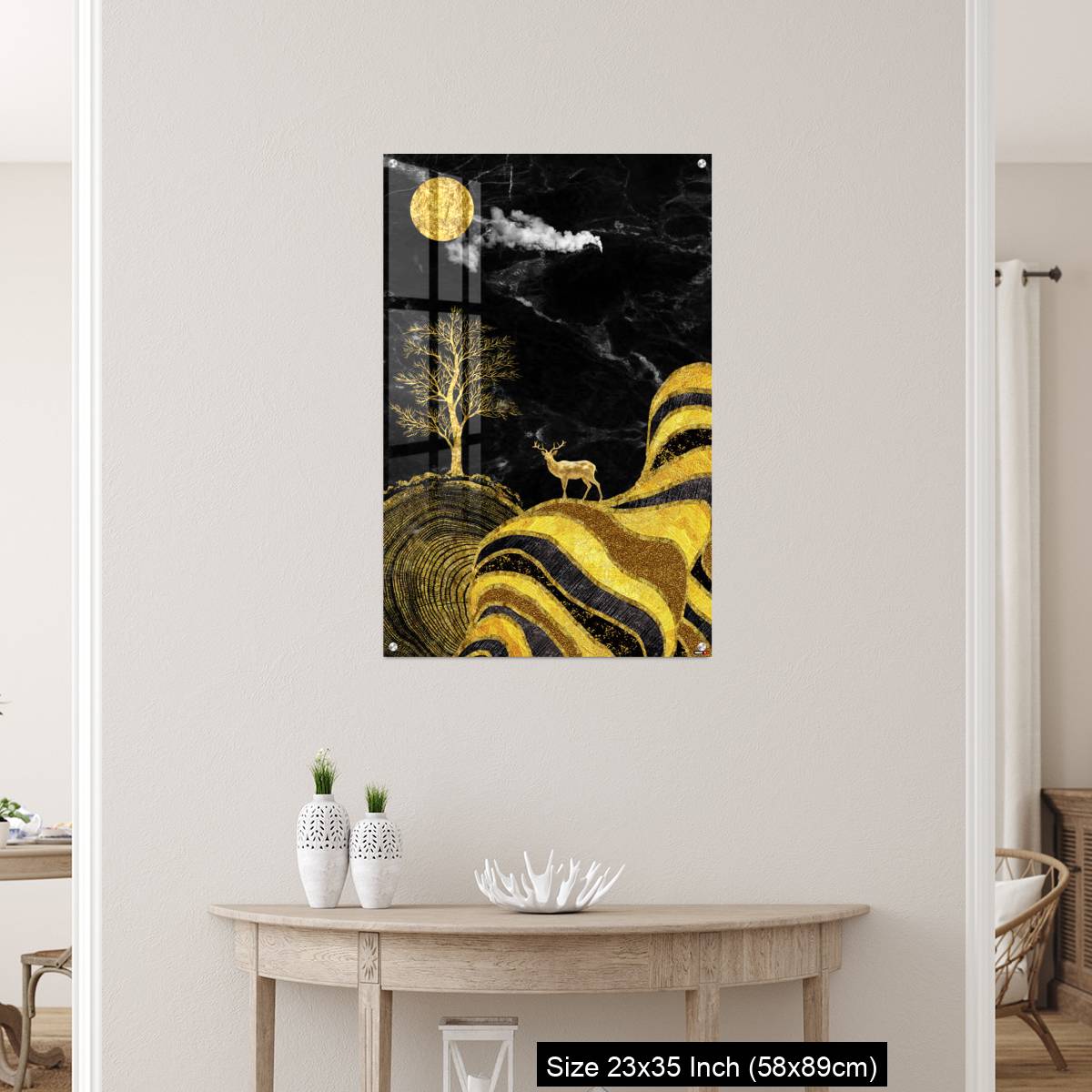 OMGs Acrylic Wall Decor – Moon and golden tree and curvy mountains, and white clouds. wall poster frame. - Image 12