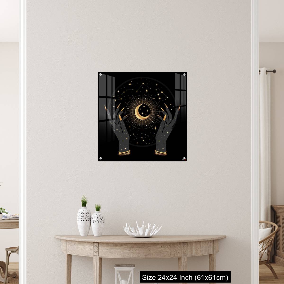 OMGs Acrylic Wall Decor – Black and gold boho crescent and elegant female hands. - Image 12