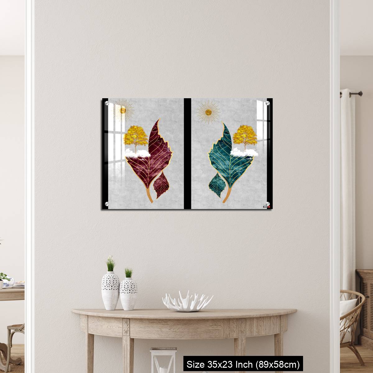 OMGs Acrylic Wall Decor – Chinese landscape gray background golden sun tree leaf and white clouds. - Image 12