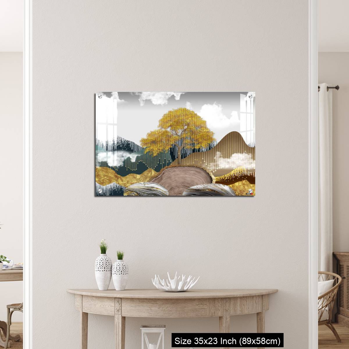 OMGs Acrylic Wall Decor – Gray background with golden trees, deer, mountains, and white clouds. golden, black, turquoise stone in water. - Image 12