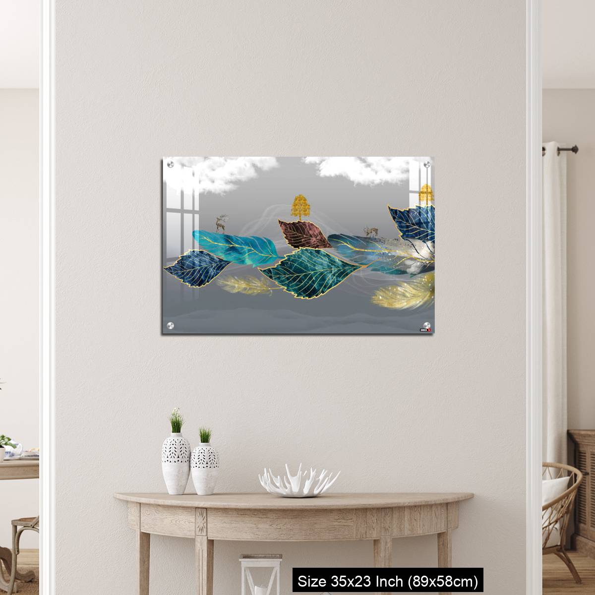 OMGs Acrylic Wall Decor – Blue, turquoise, and red leaves, white clouds and feathers in gray background - Image 12