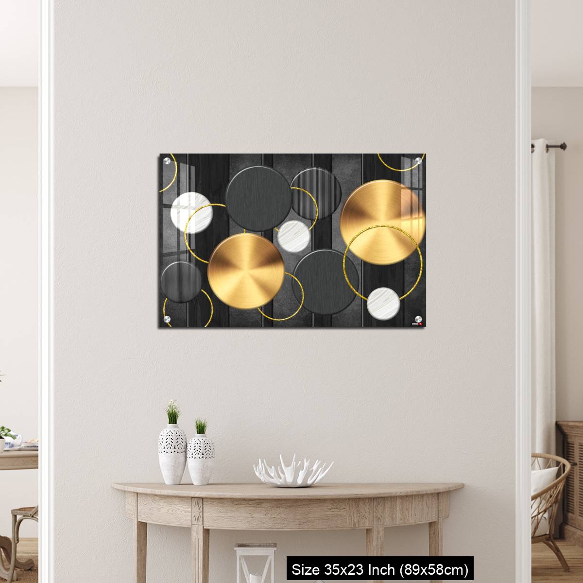 OMGs Acrylic Wall Decor – White and golden circles in dark gray  background decorative wall art. - Image 12