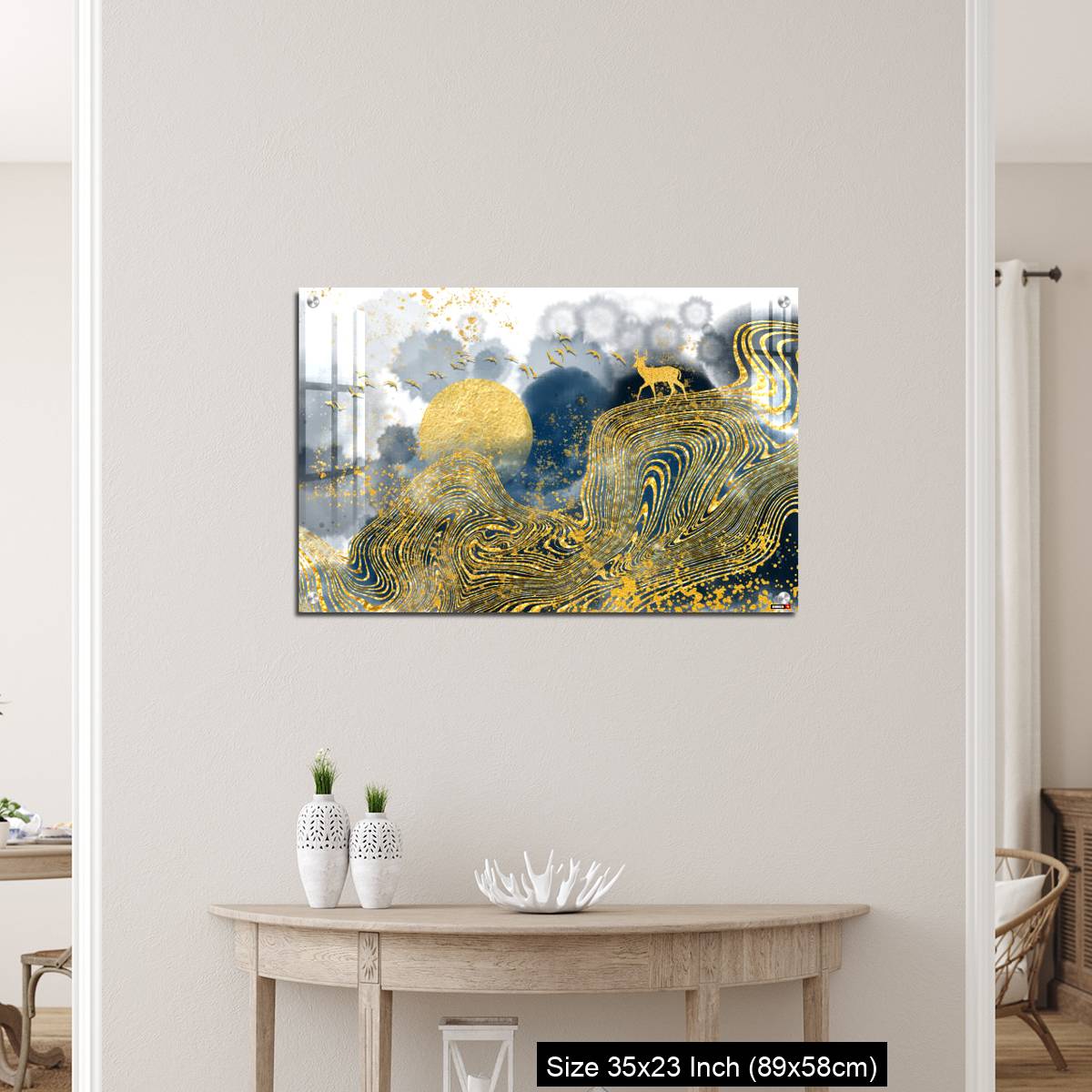 OMGs Acrylic Wall Decor – Golden deer, black christmas tree , mountain , moon with white birds - Image 12