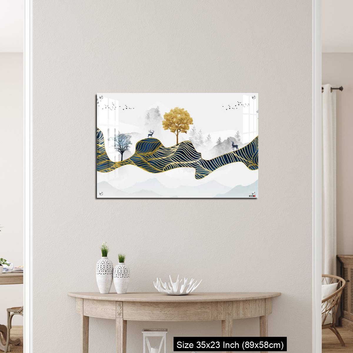 OMGs Acrylic Wall Decor – Deer, Christmas trees, mountains, clouds, and golden blue waves. 3d modern canvas art mural - Image 12