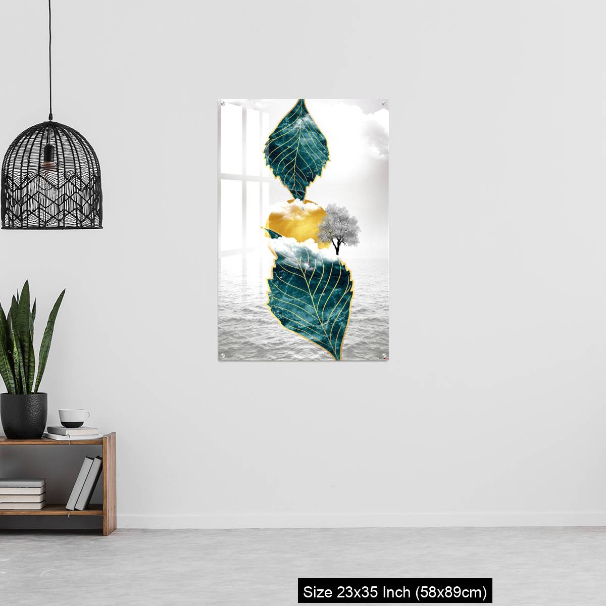 OMGs Acrylic Wall Decor – Light gray background golden sun and clouds, tree leaf and water - Image 13