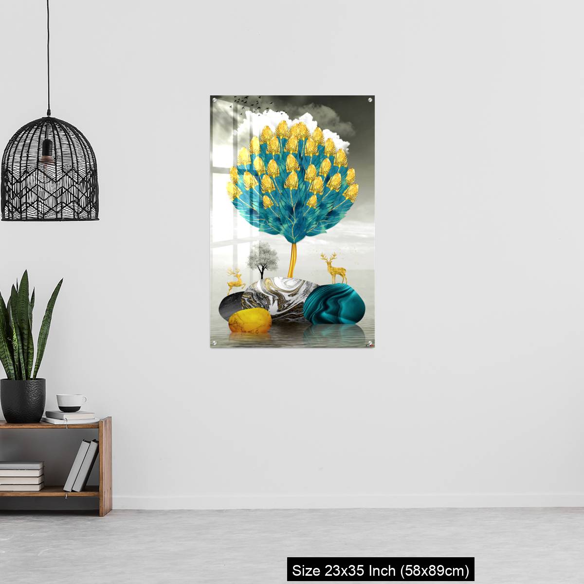 OMGs Acrylic Wall Decor – Ginko biloba leaves golden tree, deer, gray mountain, stone sun, and clouds - Image 13