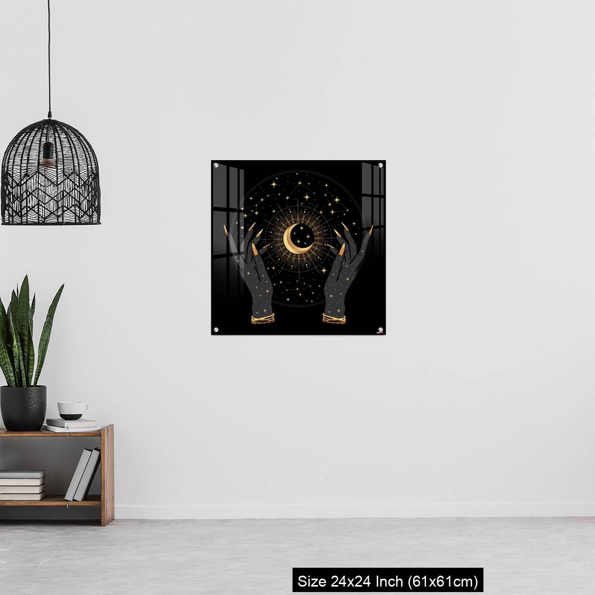 OMGs Acrylic Wall Decor – Black and gold boho crescent and elegant female hands. - Image 13