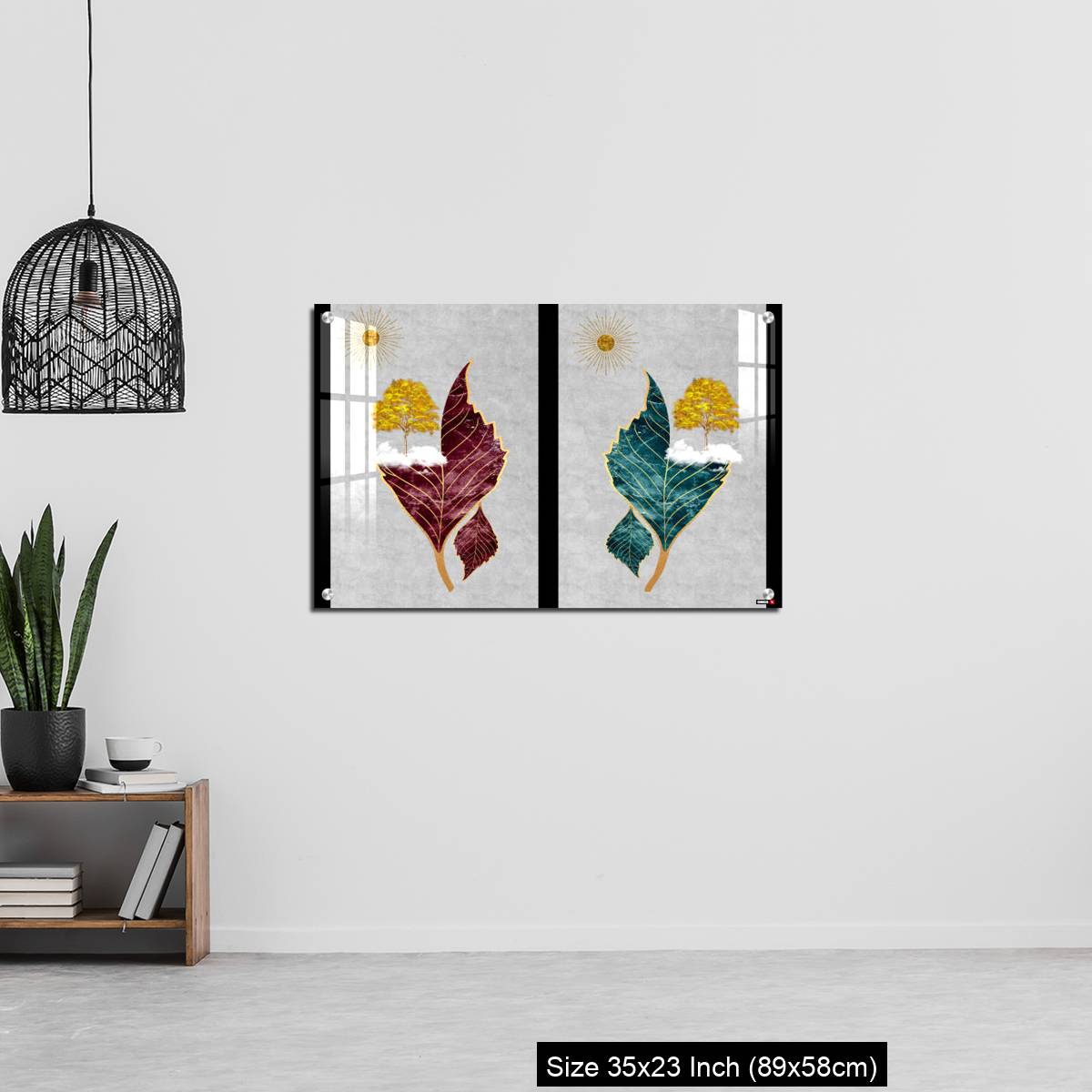 OMGs Acrylic Wall Decor – Chinese landscape gray background golden sun tree leaf and white clouds. - Image 13