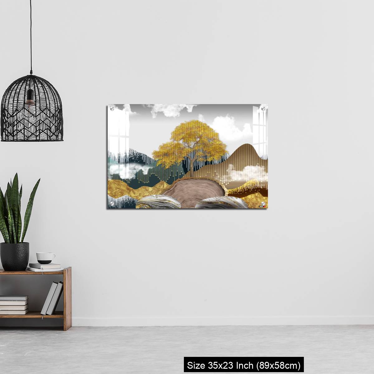 OMGs Acrylic Wall Decor – Gray background with golden trees, deer, mountains, and white clouds. golden, black, turquoise stone in water. - Image 13