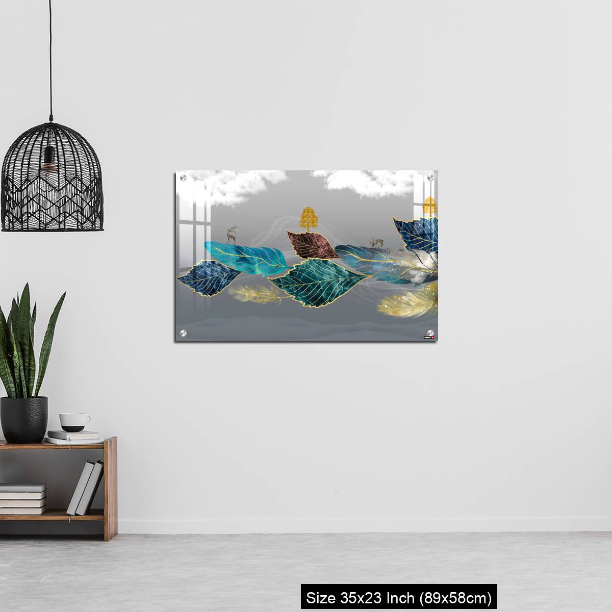 OMGs Acrylic Wall Decor – Blue, turquoise, and red leaves, white clouds and feathers in gray background - Image 13