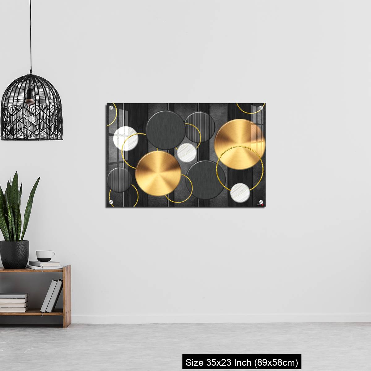 OMGs Acrylic Wall Decor – White and golden circles in dark gray  background decorative wall art. - Image 13