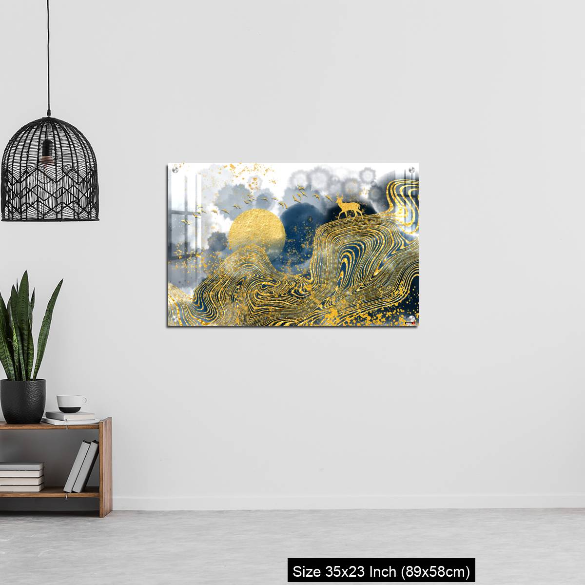 OMGs Acrylic Wall Decor – Golden deer, black christmas tree , mountain , moon with white birds - Image 13