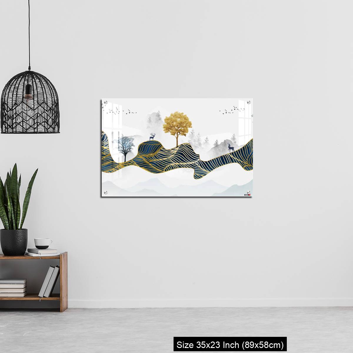 OMGs Acrylic Wall Decor – Deer, Christmas trees, mountains, clouds, and golden blue waves. 3d modern canvas art mural - Image 13