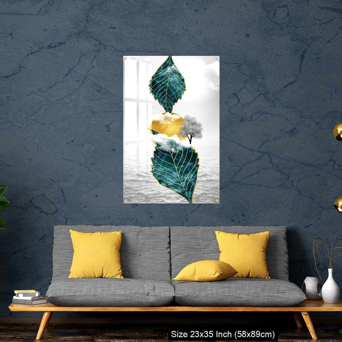 OMGs Acrylic Wall Decor – Light gray background golden sun and clouds, tree leaf and water - Image 14