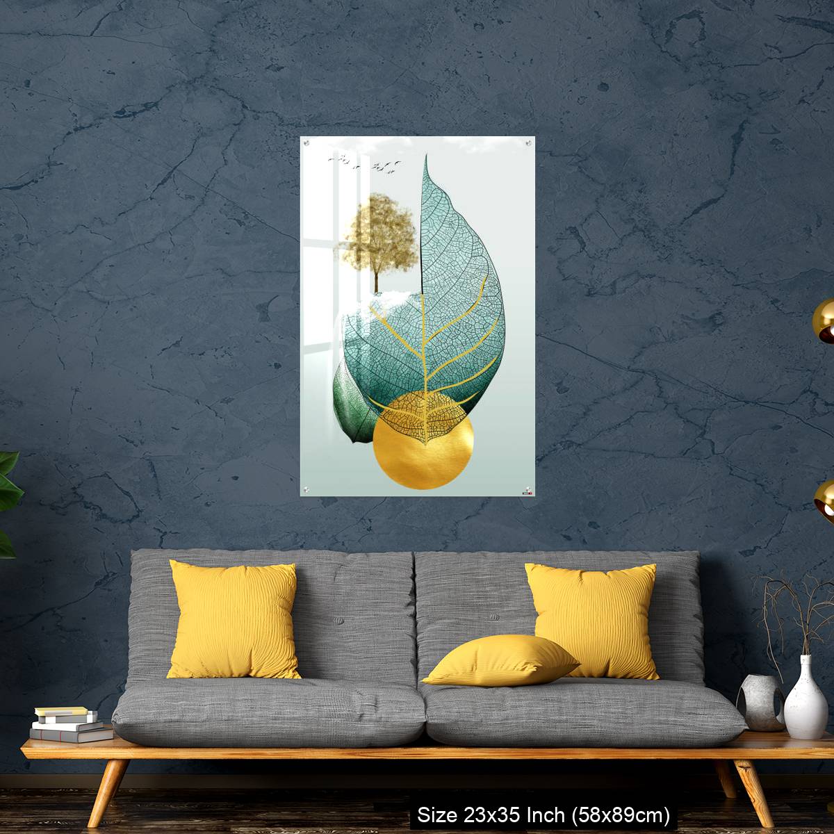OMGs Acrylic Wall Decor – Gray background golden tree and birds , mountains tree leaf and white clouds . - Image 14