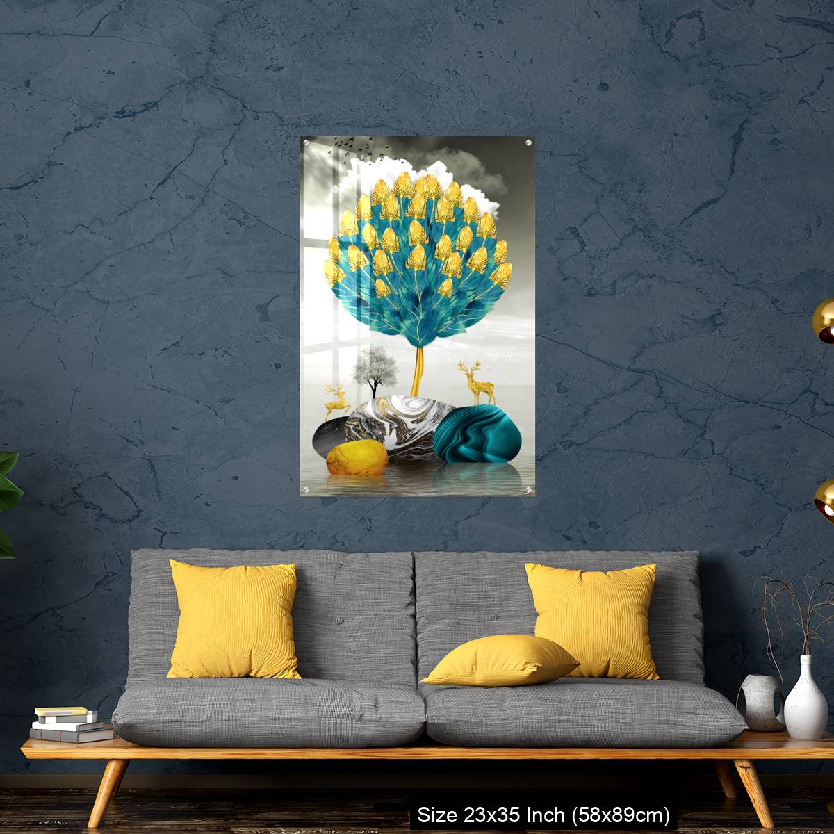 OMGs Acrylic Wall Decor – Ginko biloba leaves golden tree, deer, gray mountain, stone sun, and clouds - Image 14