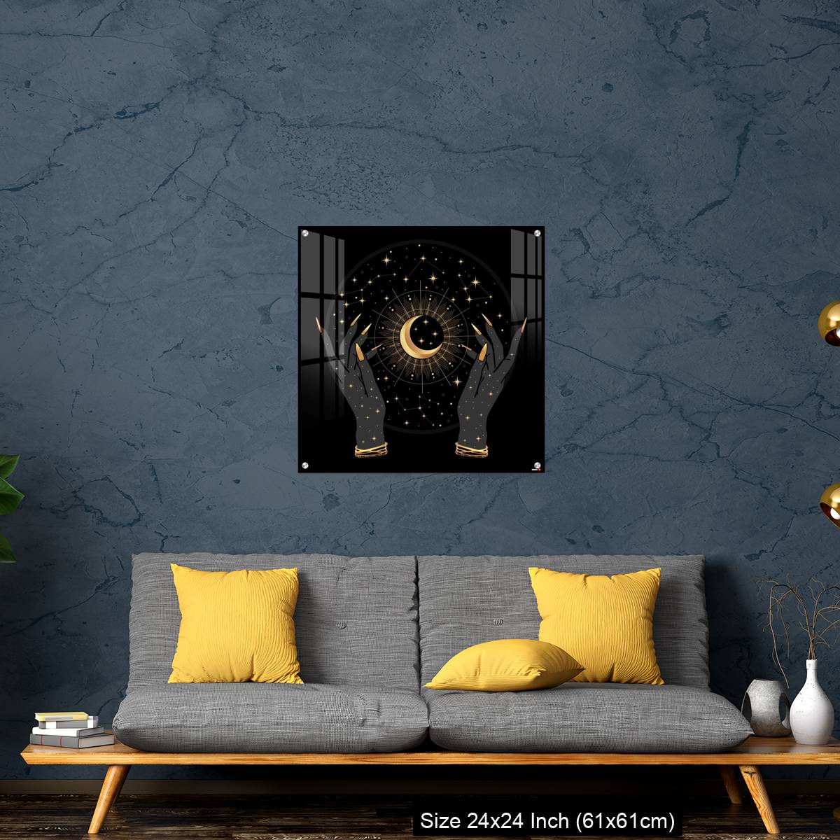 OMGs Acrylic Wall Decor – Black and gold boho crescent and elegant female hands. - Image 14