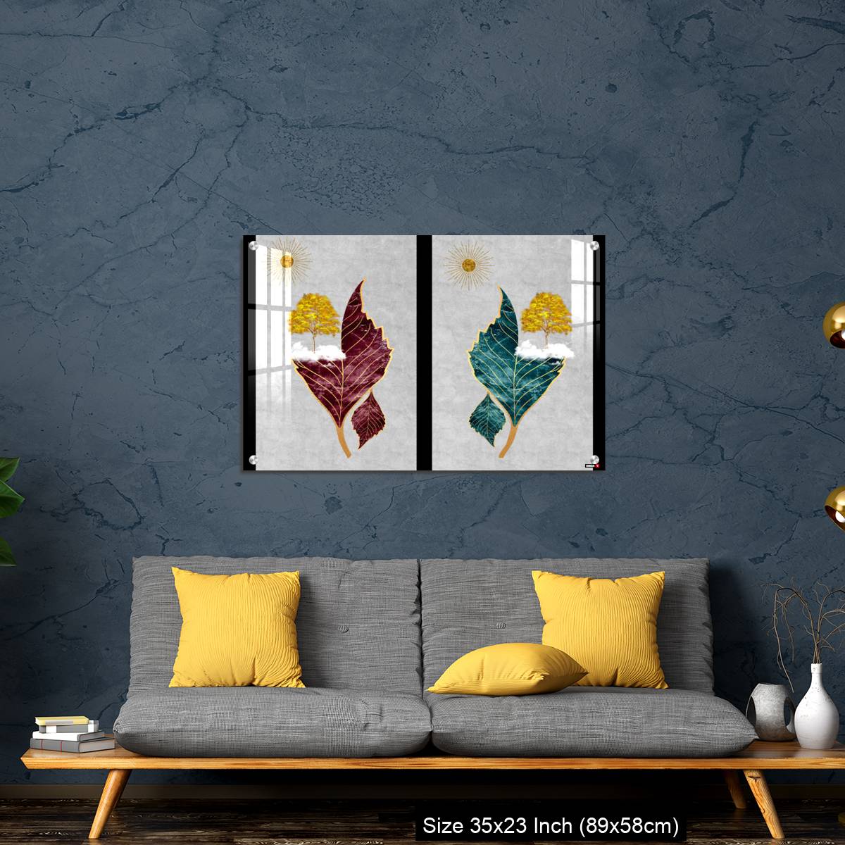 OMGs Acrylic Wall Decor – Chinese landscape gray background golden sun tree leaf and white clouds. - Image 14