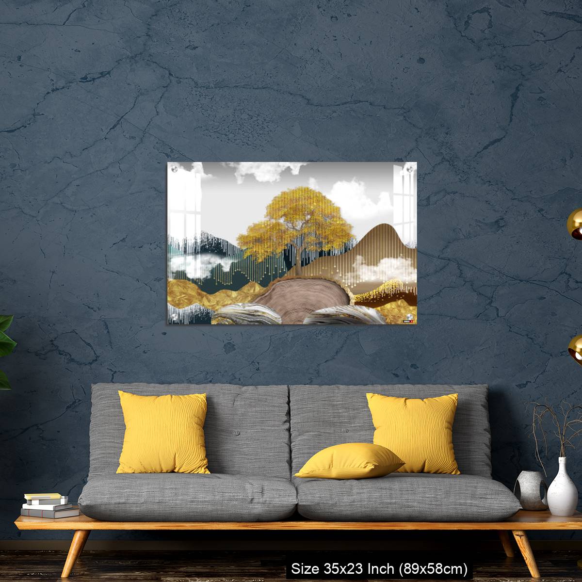 OMGs Acrylic Wall Decor – Gray background with golden trees, deer, mountains, and white clouds. golden, black, turquoise stone in water. - Image 14