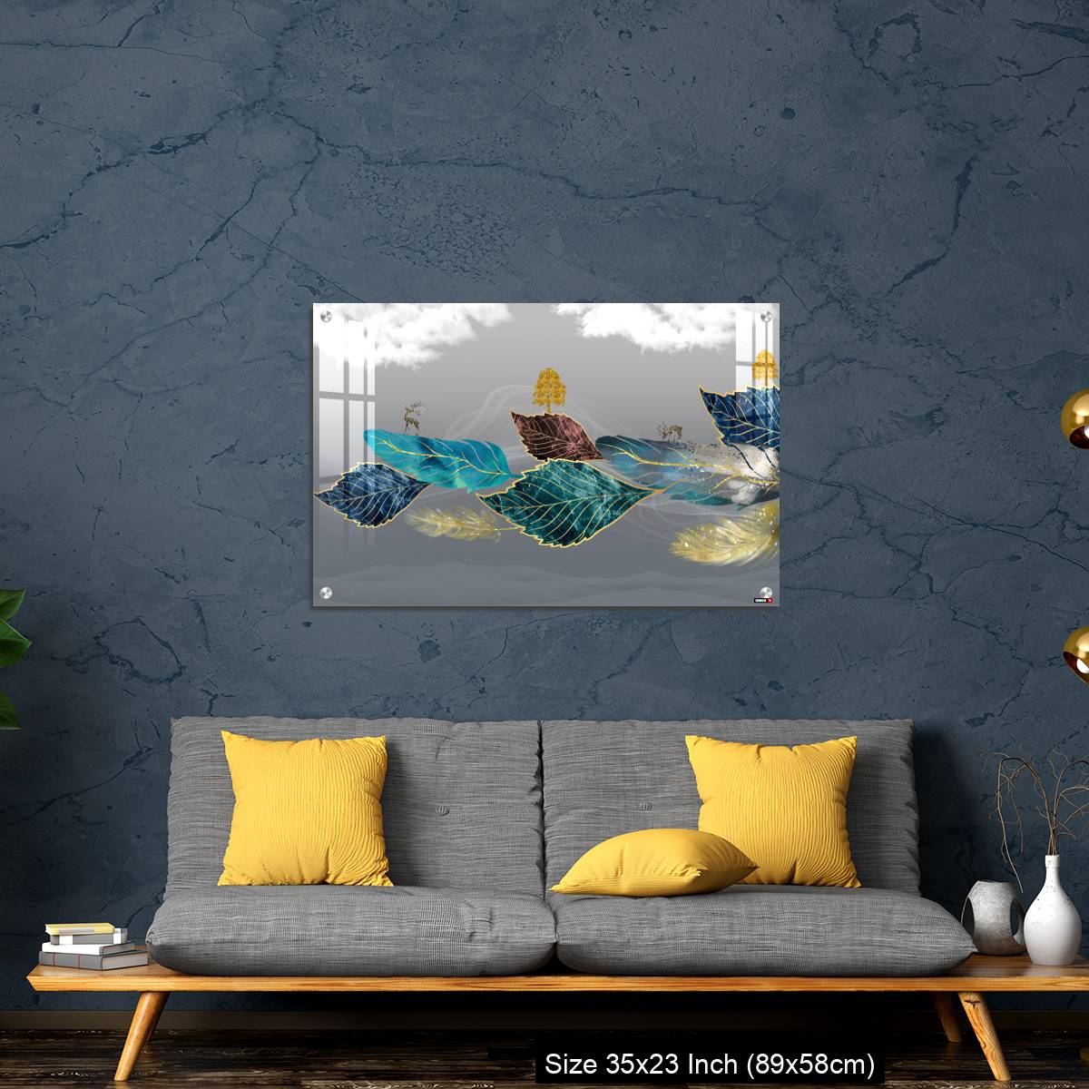 OMGs Acrylic Wall Decor – Blue, turquoise, and red leaves, white clouds and feathers in gray background - Image 14