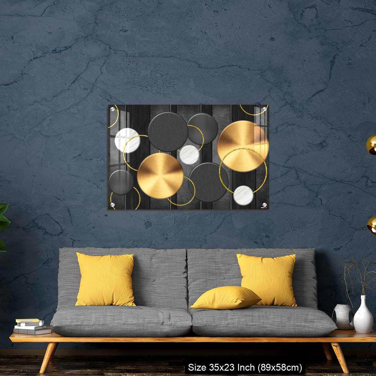 OMGs Acrylic Wall Decor – White and golden circles in dark gray  background decorative wall art. - Image 14