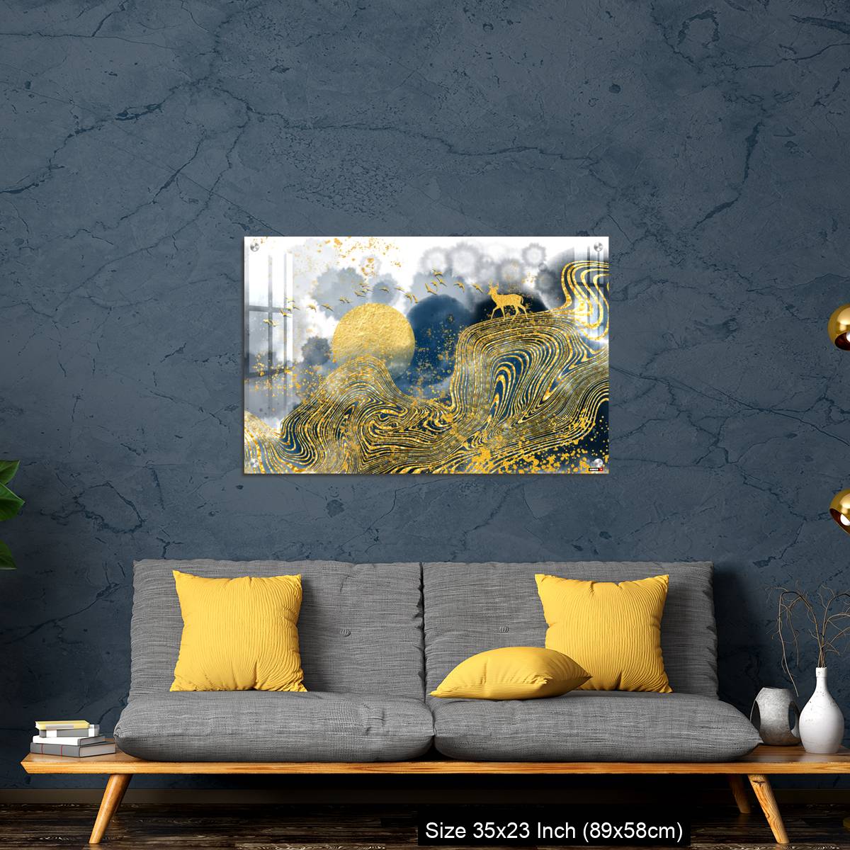 OMGs Acrylic Wall Decor – Golden deer, black christmas tree , mountain , moon with white birds - Image 14