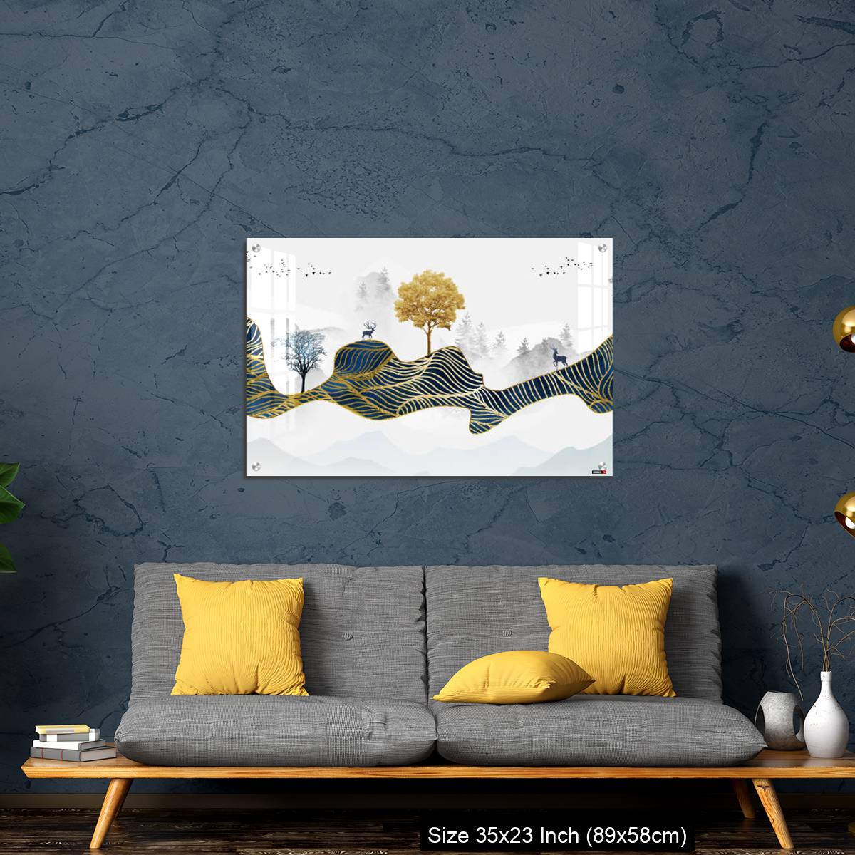 OMGs Acrylic Wall Decor – Deer, Christmas trees, mountains, clouds, and golden blue waves. 3d modern canvas art mural - Image 14