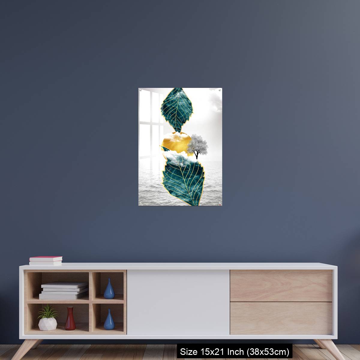 OMGs Acrylic Wall Decor – Light gray background golden sun and clouds, tree leaf and water - Image 15