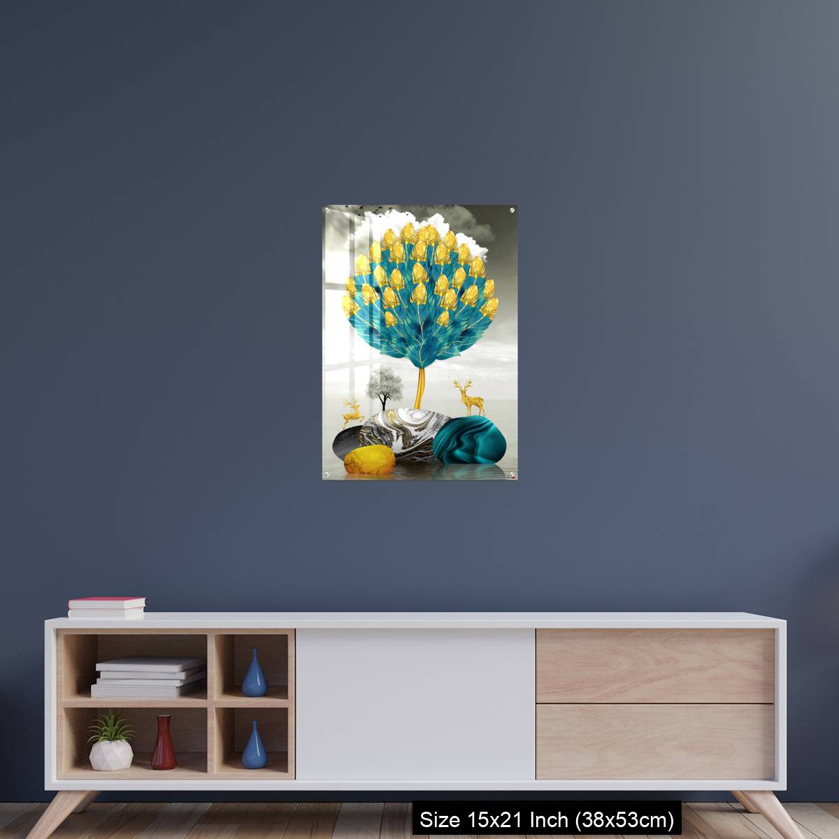 OMGs Acrylic Wall Decor – Ginko biloba leaves golden tree, deer, gray mountain, stone sun, and clouds - Image 15