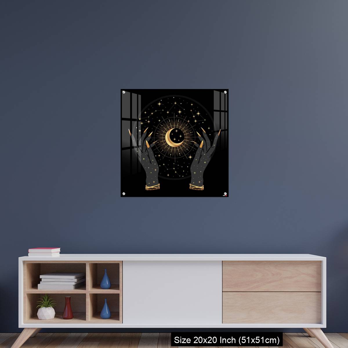 OMGs Acrylic Wall Decor – Black and gold boho crescent and elegant female hands. - Image 15