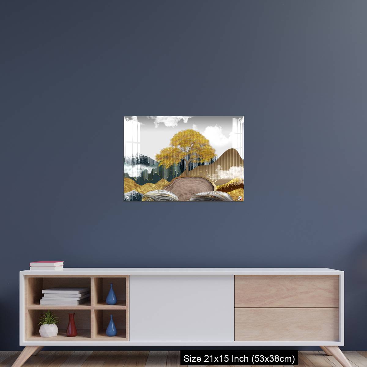 OMGs Acrylic Wall Decor – Gray background with golden trees, deer, mountains, and white clouds. golden, black, turquoise stone in water. - Image 15