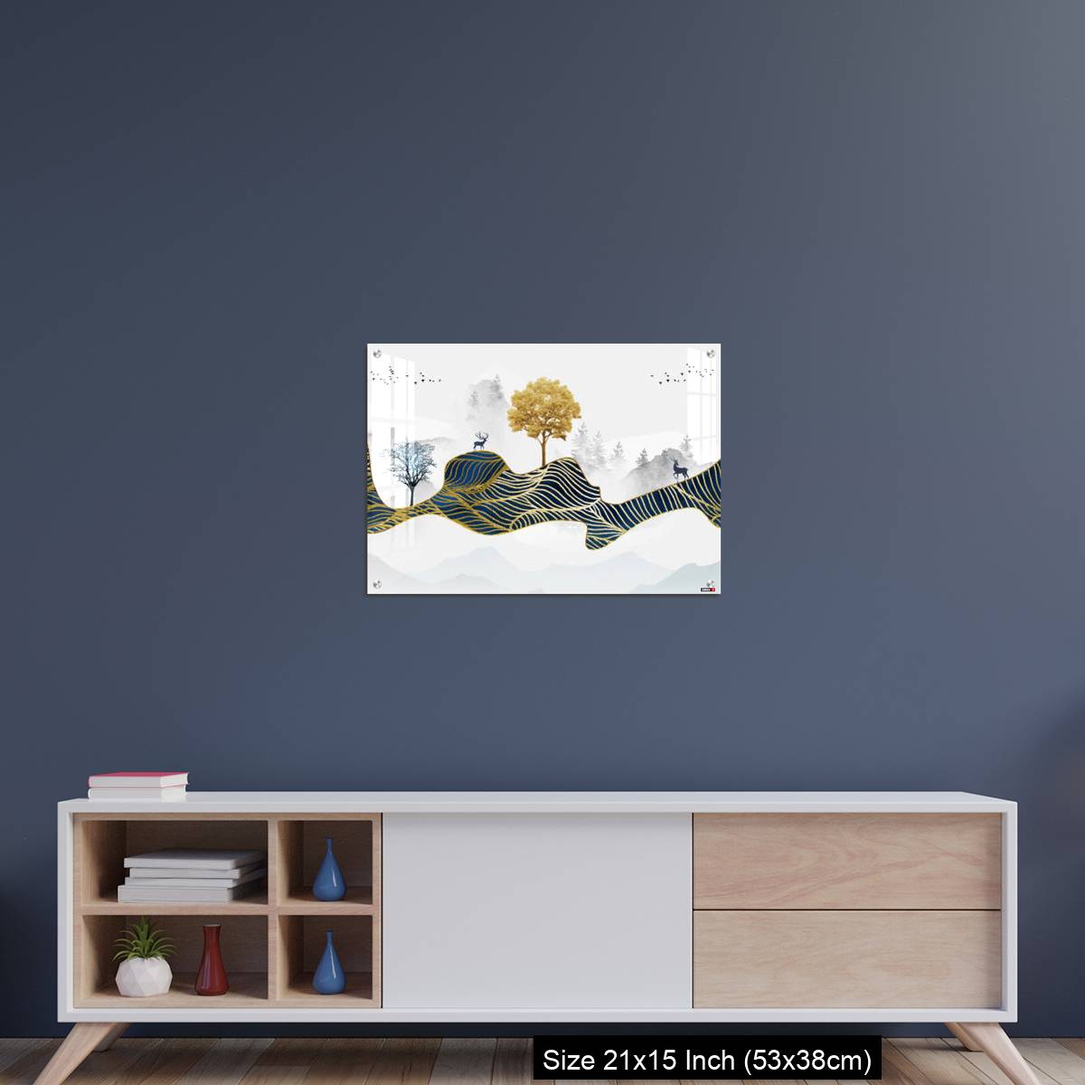 OMGs Acrylic Wall Decor – Deer, Christmas trees, mountains, clouds, and golden blue waves. 3d modern canvas art mural - Image 15