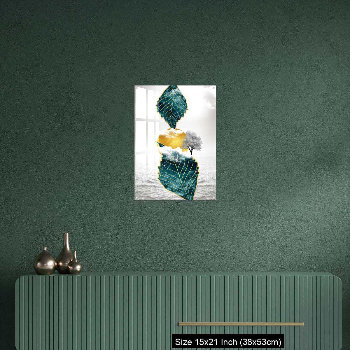 OMGs Acrylic Wall Decor – Light gray background golden sun and clouds, tree leaf and water - Image 16