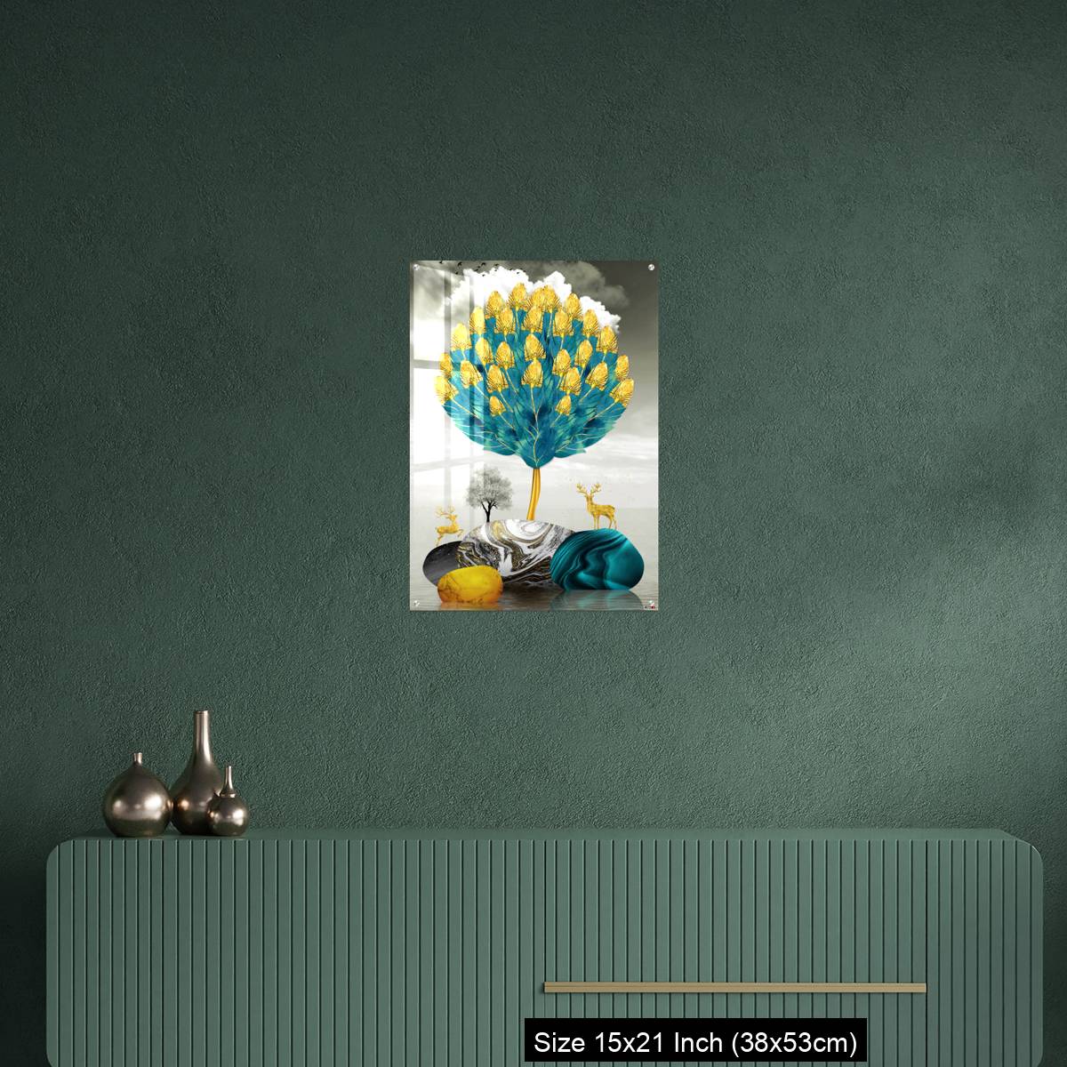 OMGs Acrylic Wall Decor – Ginko biloba leaves golden tree, deer, gray mountain, stone sun, and clouds - Image 16