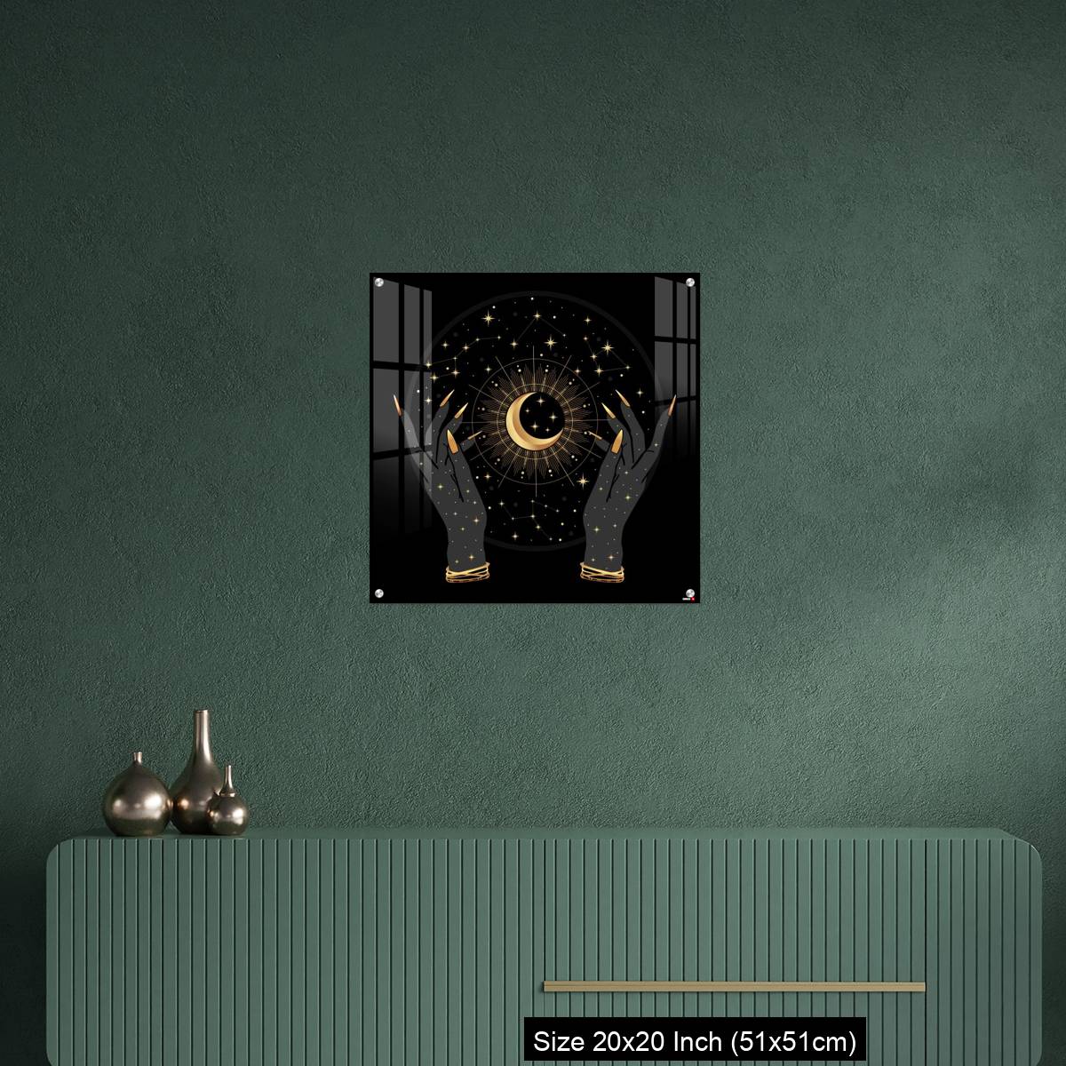 OMGs Acrylic Wall Decor – Black and gold boho crescent and elegant female hands. - Image 16