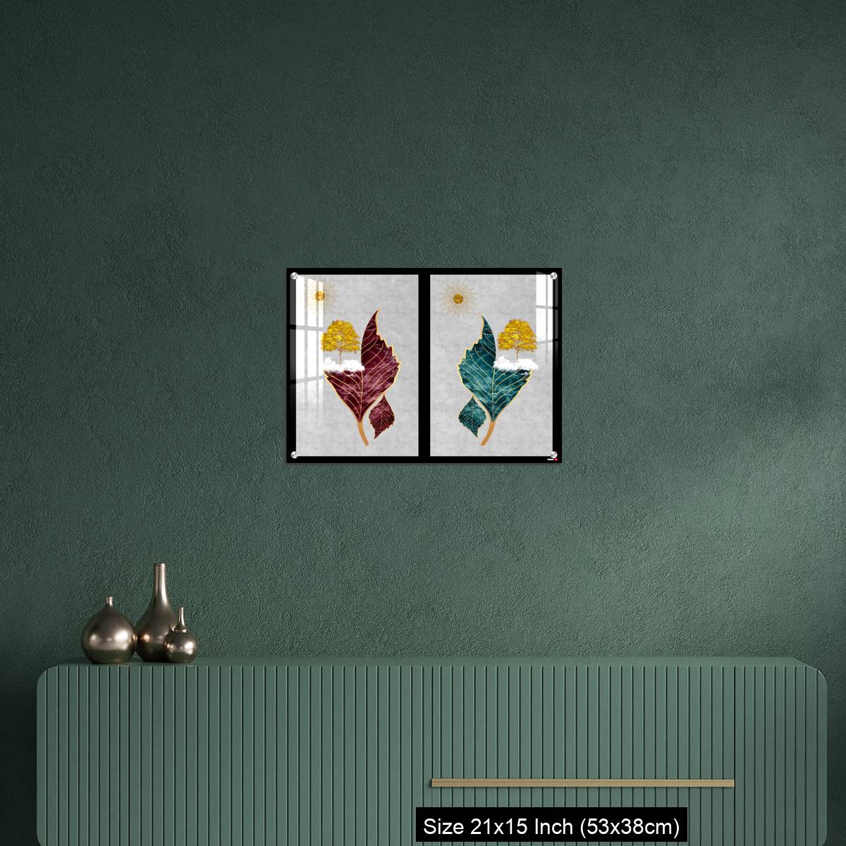 OMGs Acrylic Wall Decor – Chinese landscape gray background golden sun tree leaf and white clouds. - Image 16