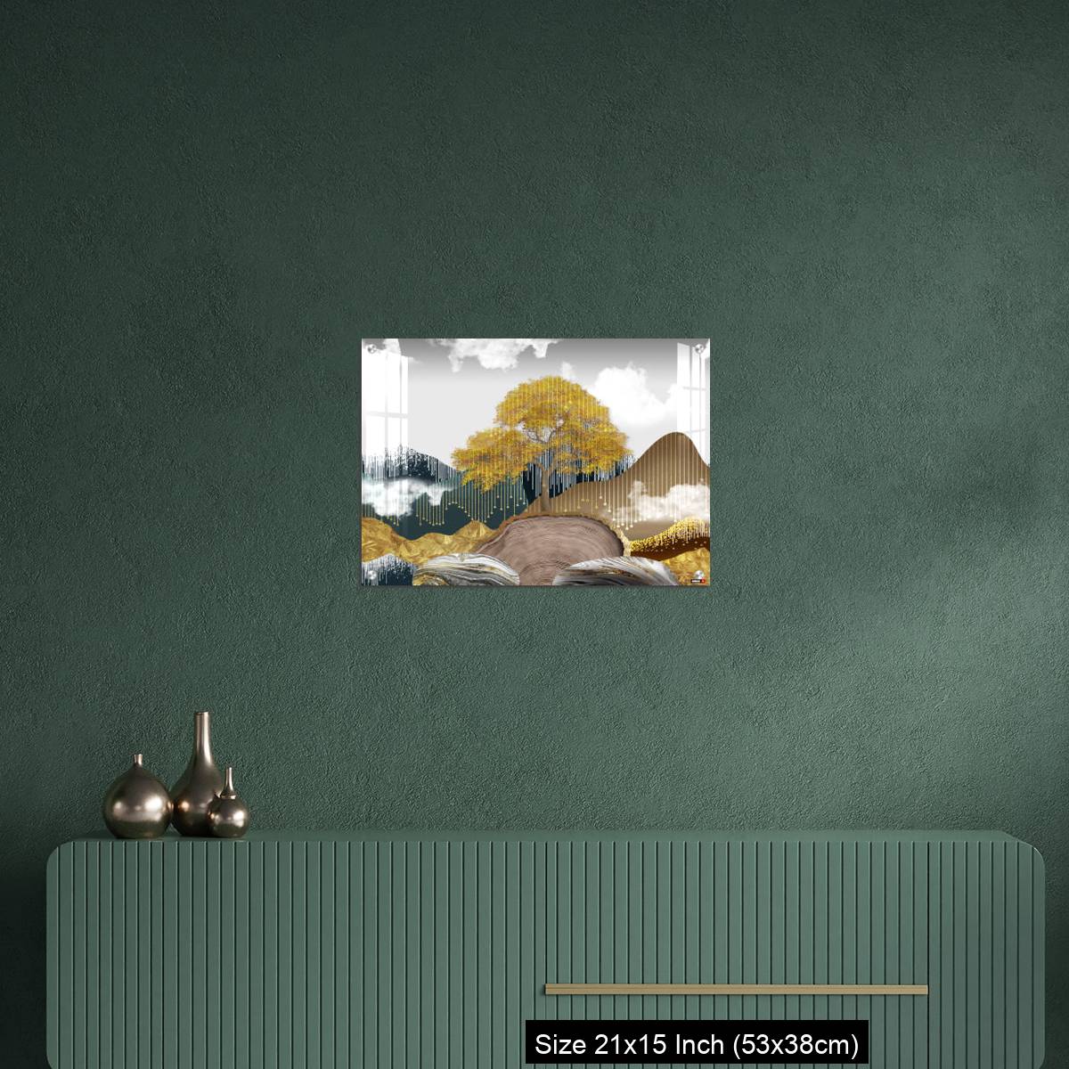 OMGs Acrylic Wall Decor – Gray background with golden trees, deer, mountains, and white clouds. golden, black, turquoise stone in water. - Image 16