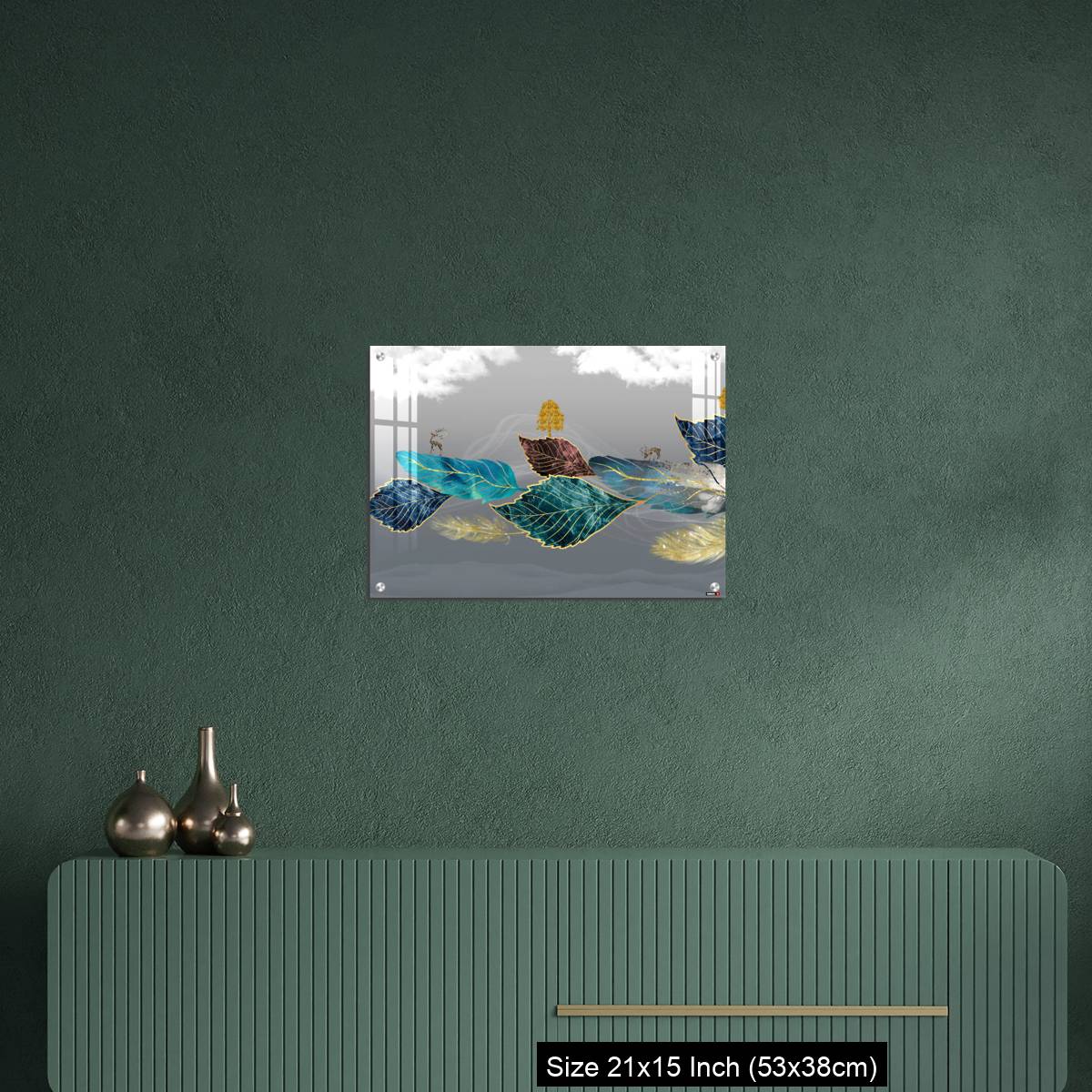 OMGs Acrylic Wall Decor – Blue, turquoise, and red leaves, white clouds and feathers in gray background - Image 16