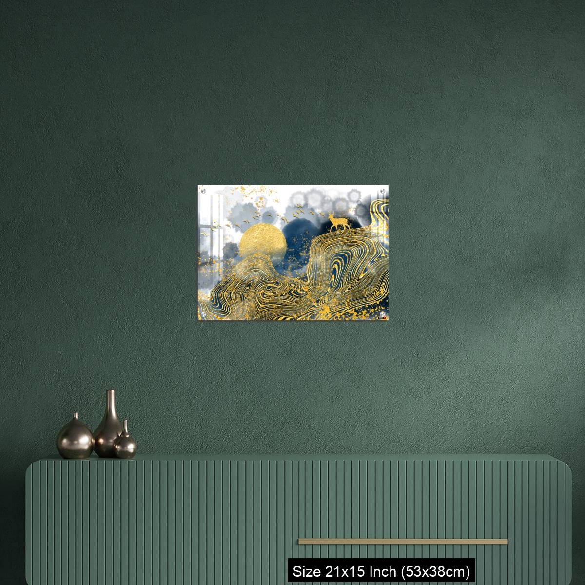 OMGs Acrylic Wall Decor – Golden deer, black christmas tree , mountain , moon with white birds - Image 16